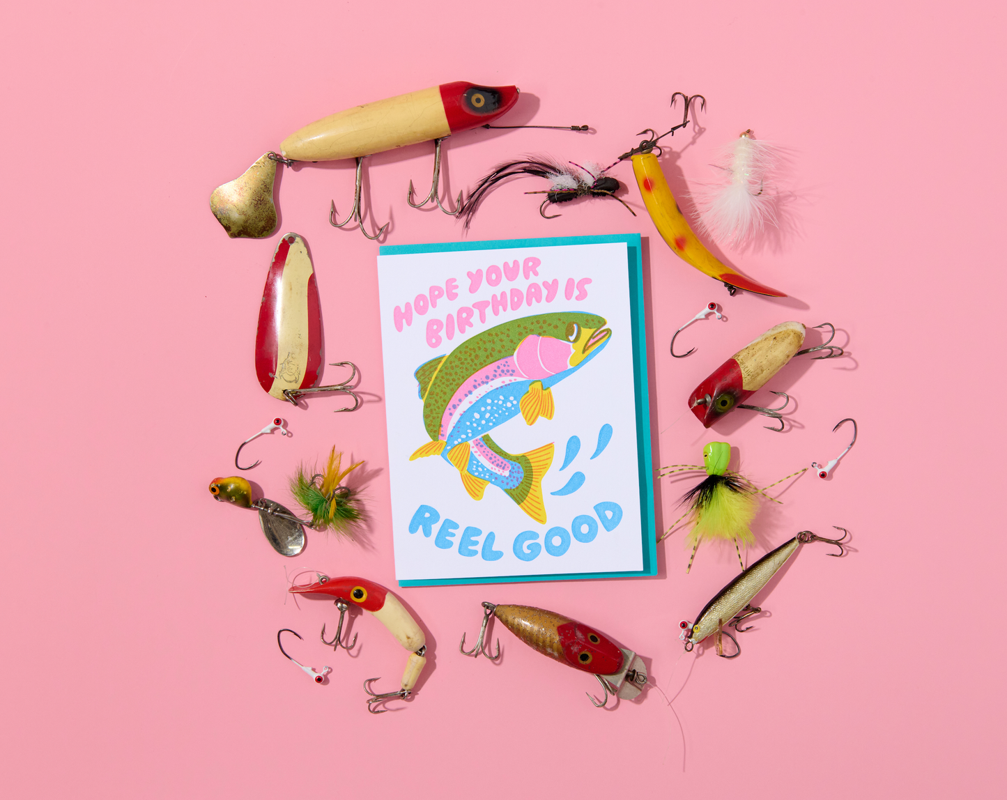 And Here We Are - Letterpress Birthday Card—Reel Good  (Trout, Fish, Colorful) - PMA Store at the Portland Museum of Art, Maine