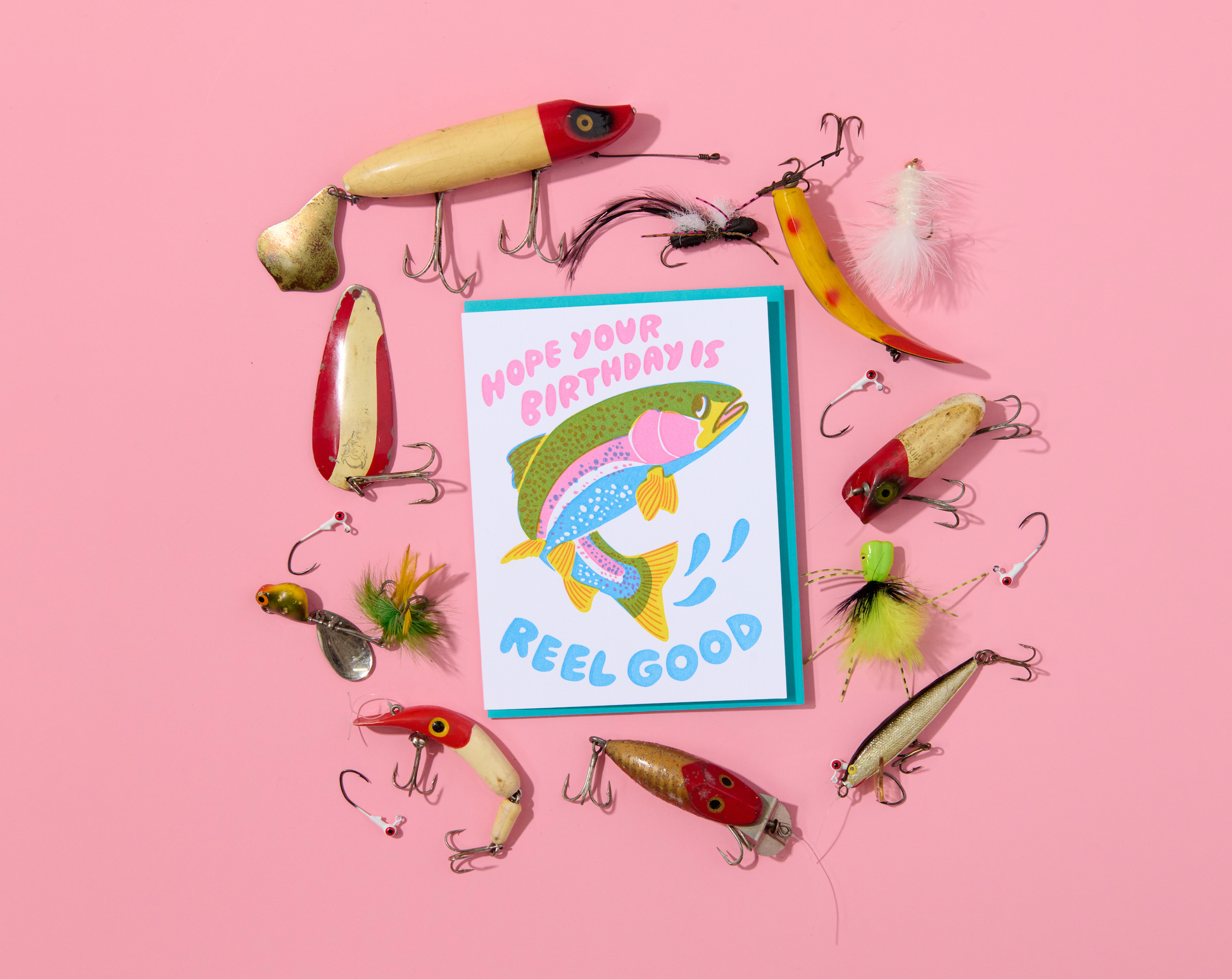 And Here We Are - Letterpress Birthday Card—Reel Good  (Trout, Fish, Colorful) - PMA Store at the Portland Museum of Art, Maine