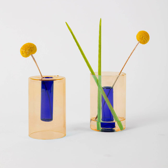 Block Design - Reversible Glass Vase - Small: Blue/Yellow