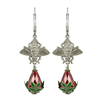 NoMonet - Fairyland: Bee Pollenating a Rosebud Hand Painted Earrings : Gold And Champagne - PMA Store at the Portland Museum of Art, Maine