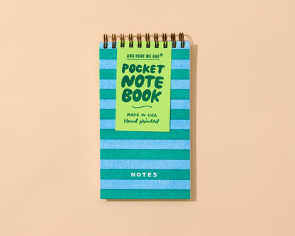 And Here We Are - Letterpress Small Spiral Notebook (Lined)—Blue/Green Stripe