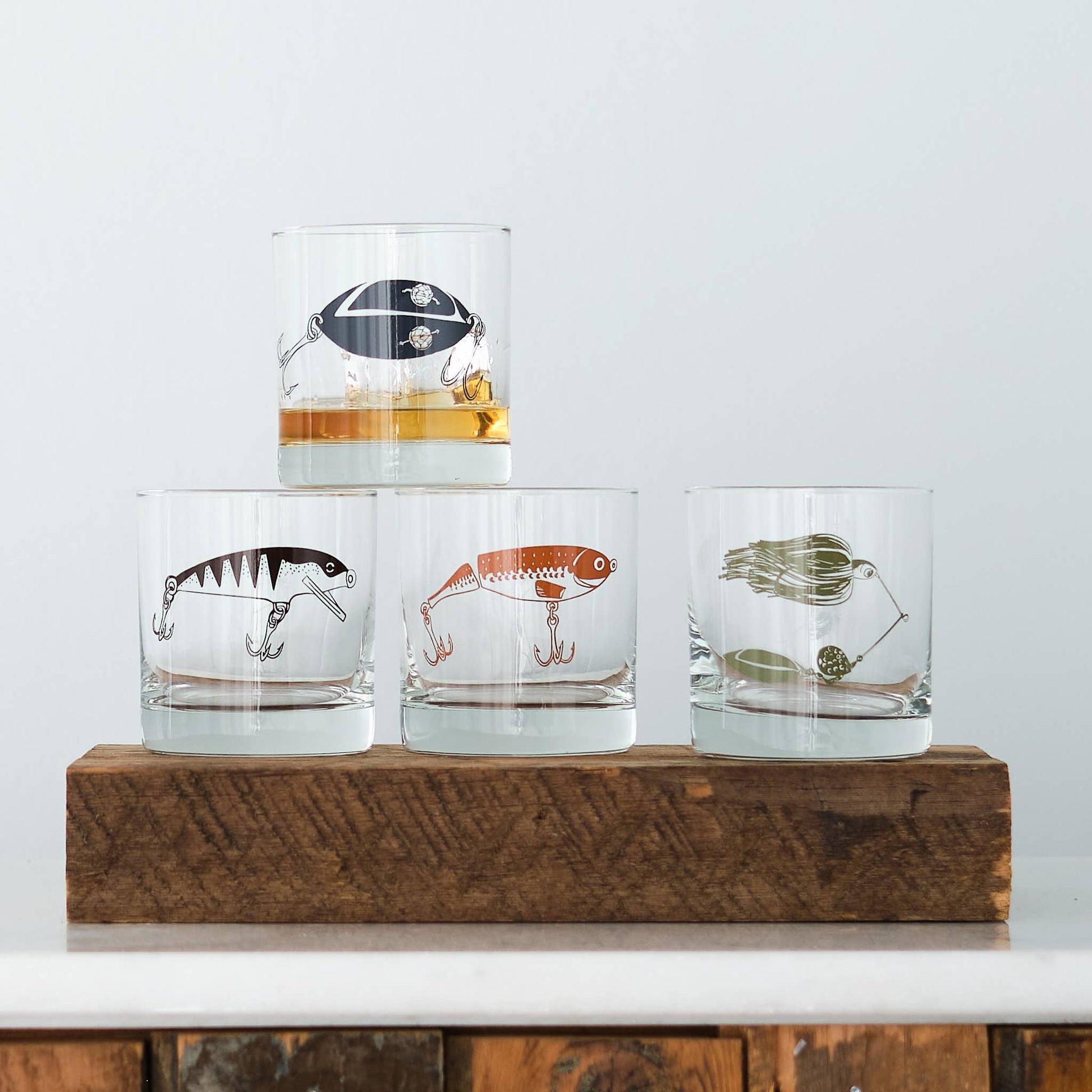 Vital Industries - Fishing Lure Rocks Glasses: Assorted - PMA Store at the Portland Museum of Art, Maine