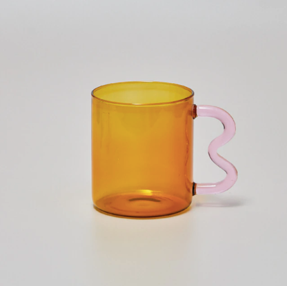 IVORE.GROUP (We cover All Import duty) - Colorful Ear Glass Mug: Amber with Pink Handle - PMA Store at the Portland Museum of Art, Maine