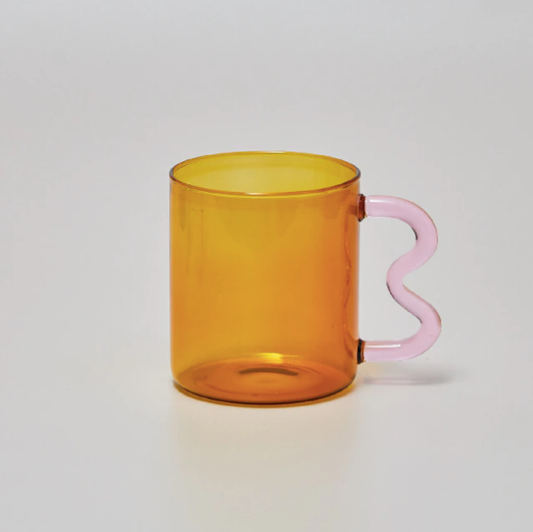 IVORE.GROUP (We cover All Import duty) - Colorful Ear Glass Mug: Amber with Pink Handle - PMA Store at the Portland Museum of Art, Maine