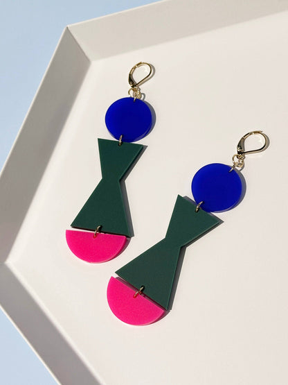 Combinist Goods - Abstract Shape Dangle Earrings: Frost Cobalt Blue + Dark Green + Hot Pink / Gold