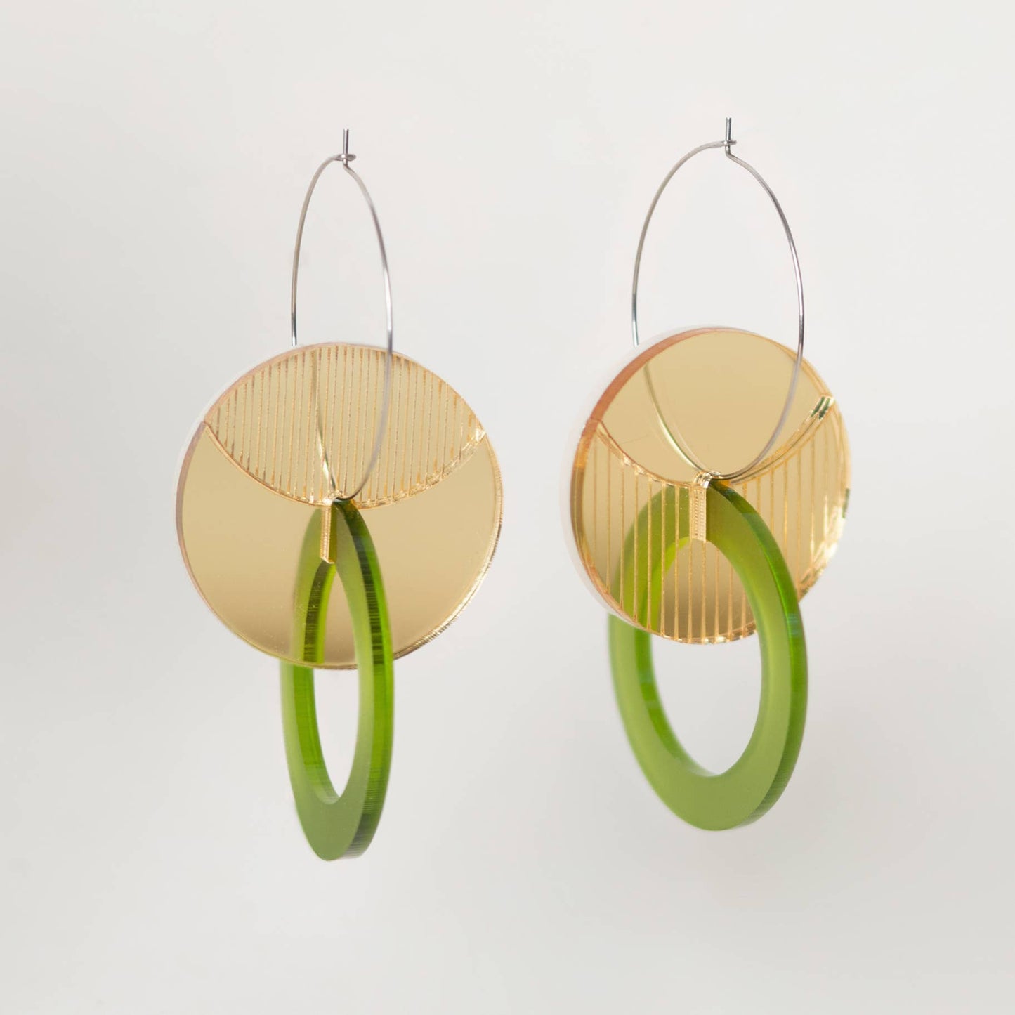 Primario Earrings - Reversible: Gold Mirror and Beige, translucent Olive - PMA Store at the Portland Museum of Art, Maine