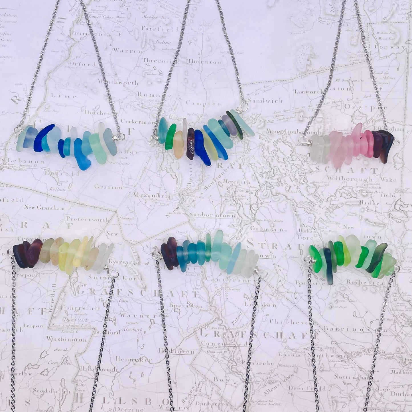 Cyn Elizabeth Studios - The Sea Bar- Sea Glass Statement Necklace: Carded on white cardstock - PMA Store at the Portland Museum of Art, Maine