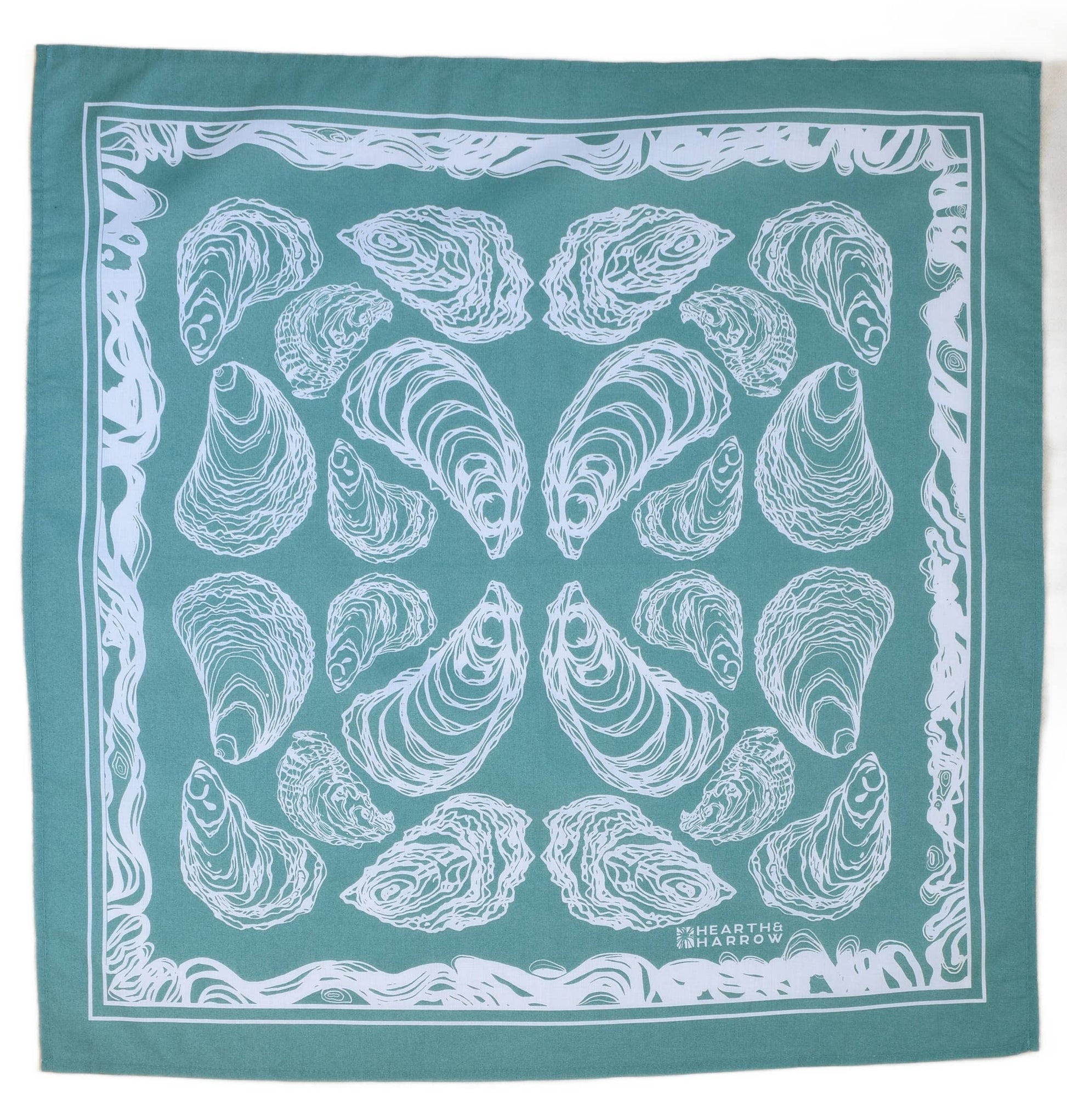Hearth and Harrow - Oyster Bandana - 100% Cotton - Hand Printed - Green Teal - PMA Store at the Portland Museum of Art, Maine