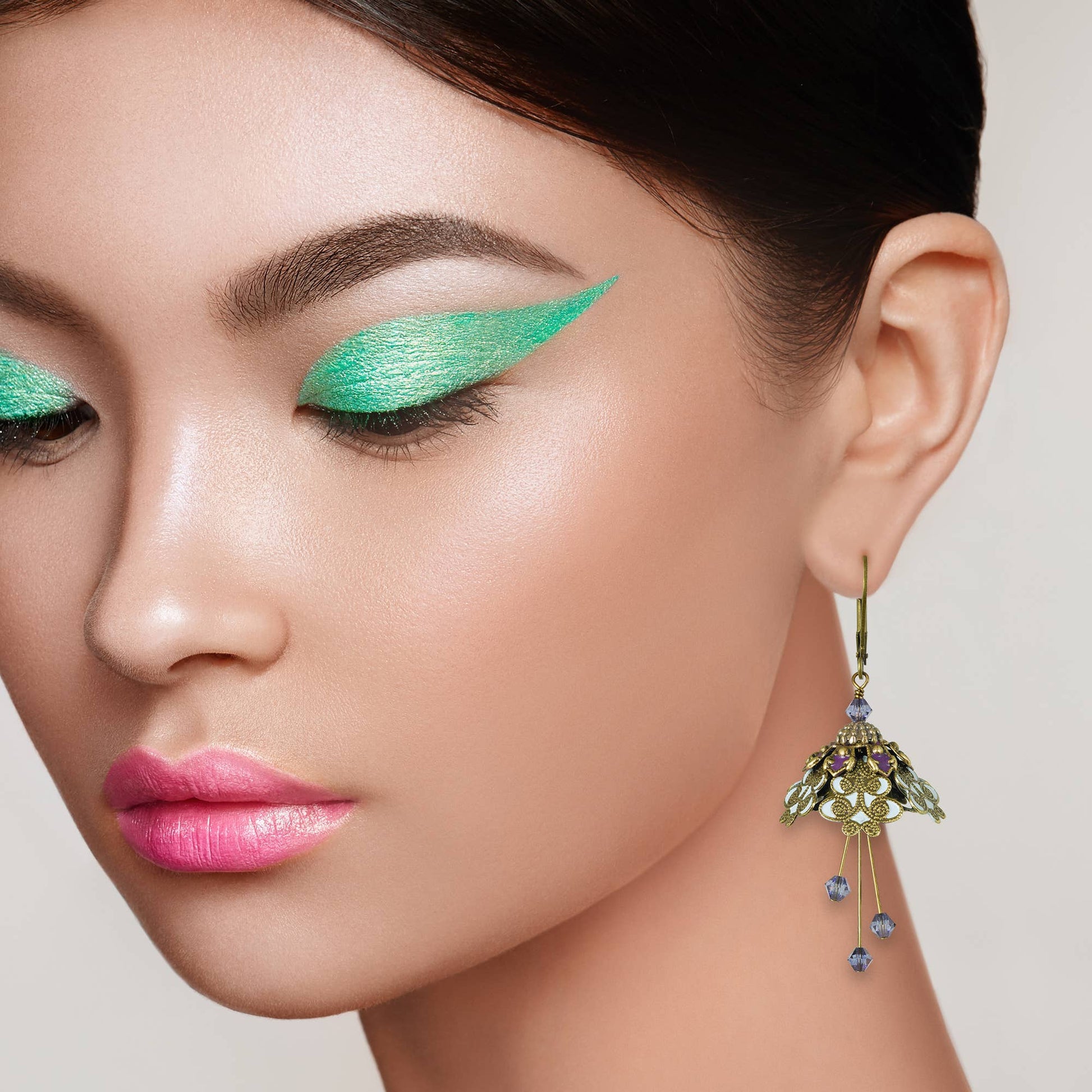 NoMonet - Flower Fairy: Painted Intricate Swirl Earrings w Crystals: Gold/Baby Blue/Plum - PMA Store at the Portland Museum of Art, Maine