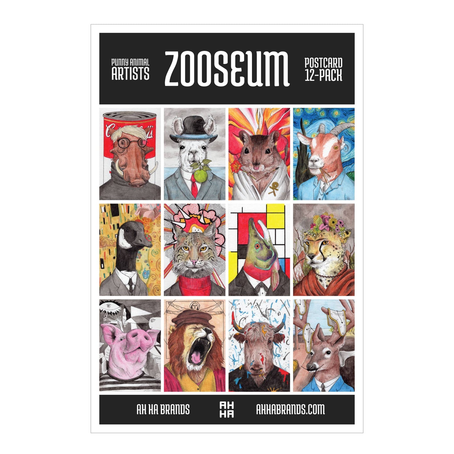 Ah Ha Brands - Zooseum Punny Animal Artist Postcard 12-Pack