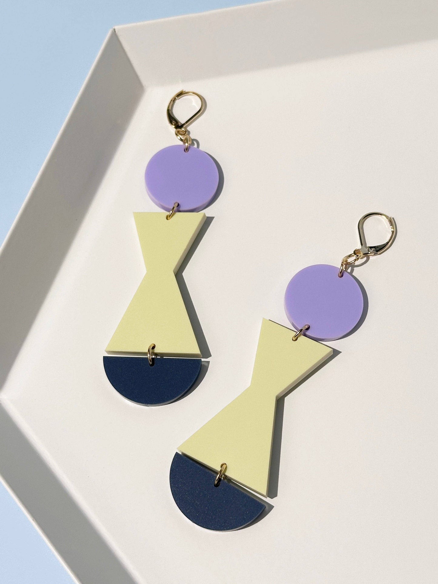 Combinist Goods - Abstract Shape Dangle Earrings: Frost Cobalt Blue + Dark Green + Hot Pink / Gold