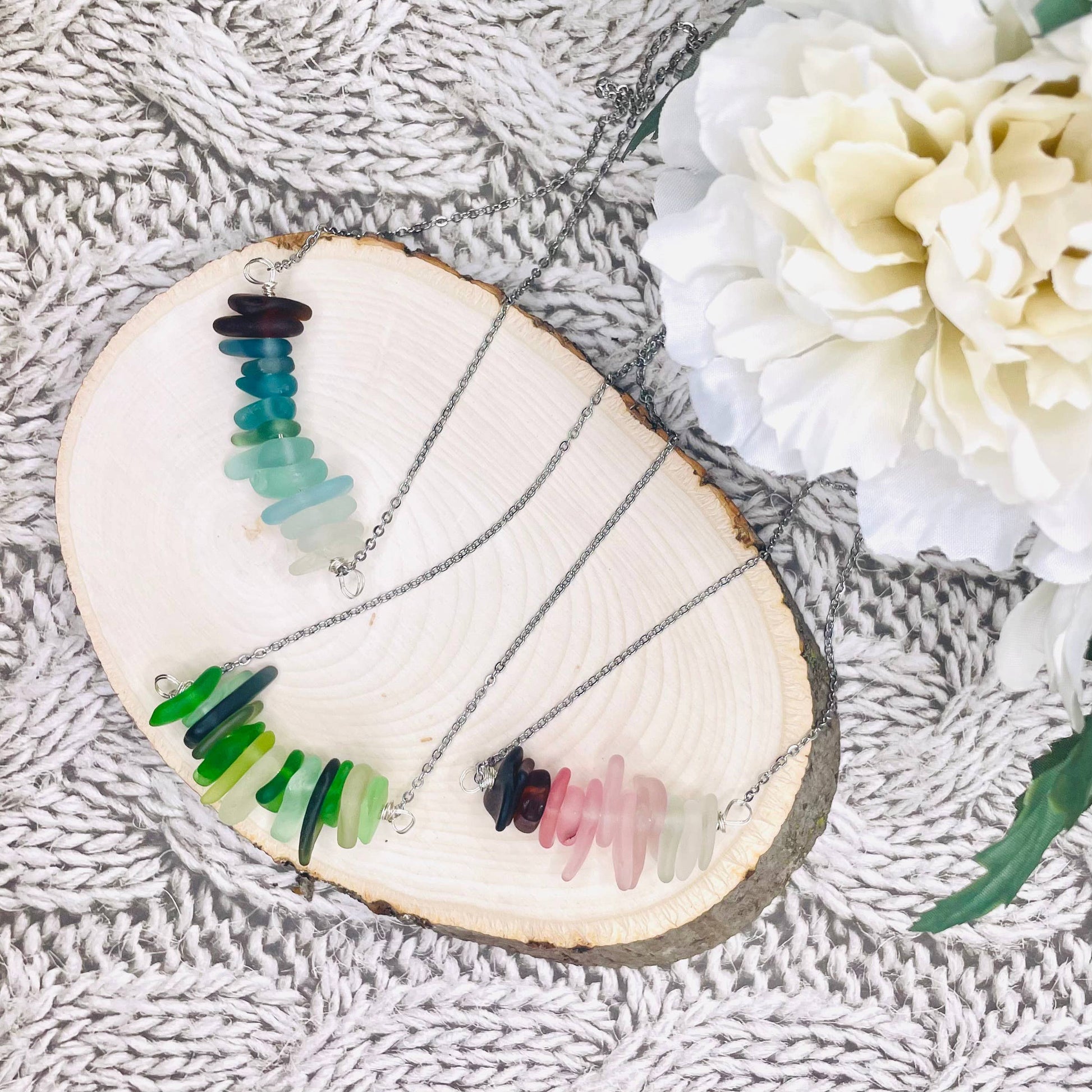 Cyn Elizabeth Studios - The Sea Bar- Sea Glass Statement Necklace: Carded on white cardstock - PMA Store at the Portland Museum of Art, Maine