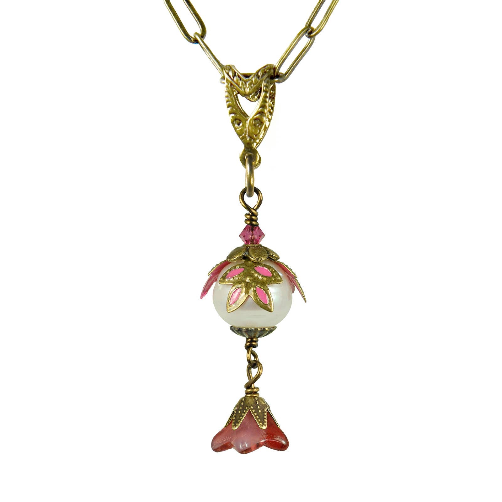 Fairyland: Pearl & Flower Crystal Hand Painted Necklace: Gold and Turquoise - PMA Store at the Portland Museum of Art, Maine