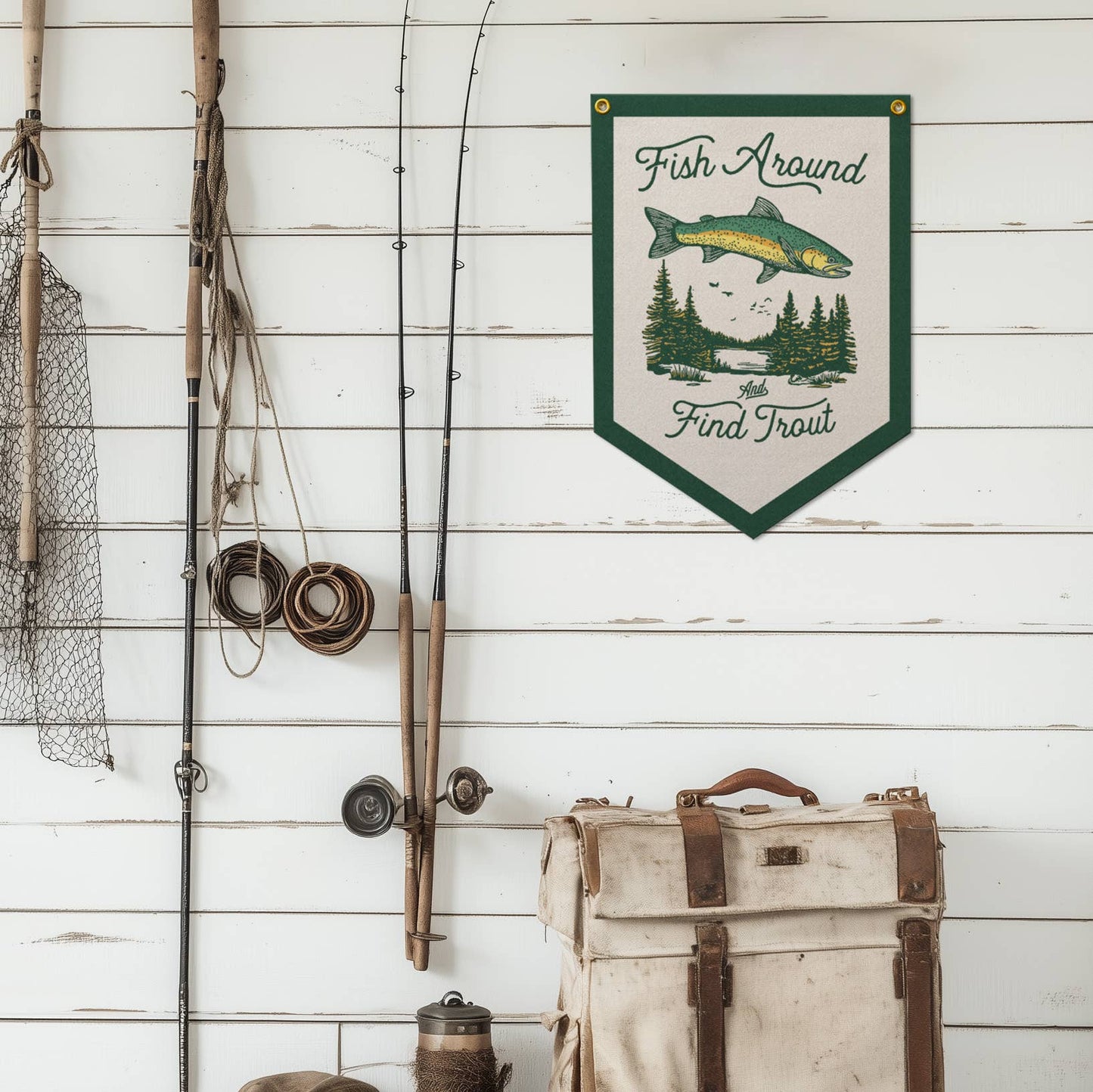 Benoit's Design Co. - Fish Around And Find Trout Felt Camp Flag - PMA Store at the Portland Museum of Art, Maine