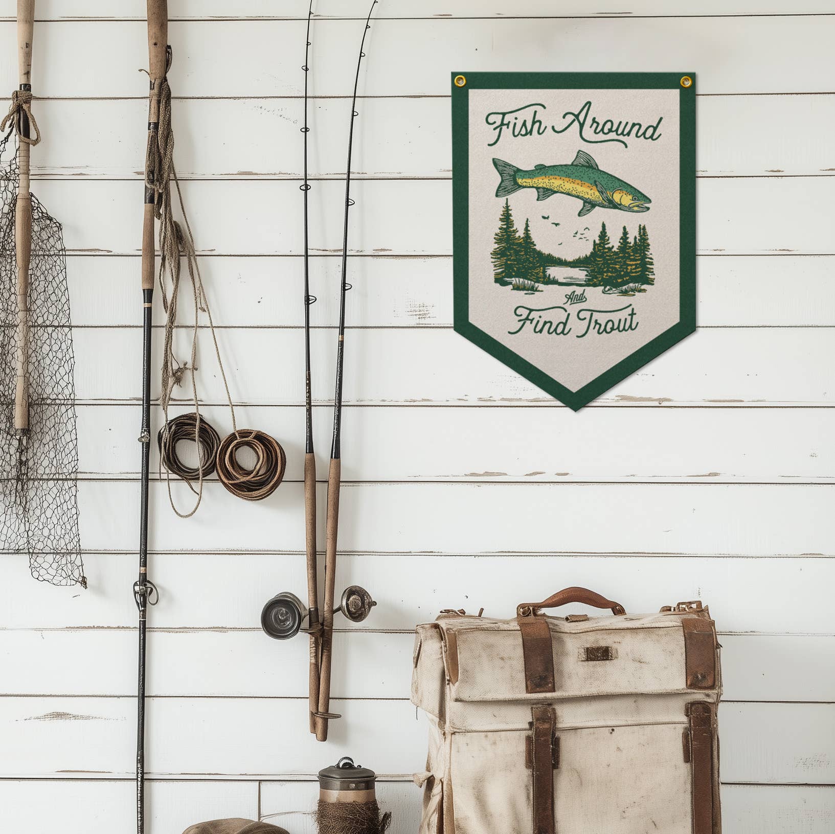 Benoit's Design Co. - Fish Around And Find Trout Felt Camp Flag - PMA Store at the Portland Museum of Art, Maine