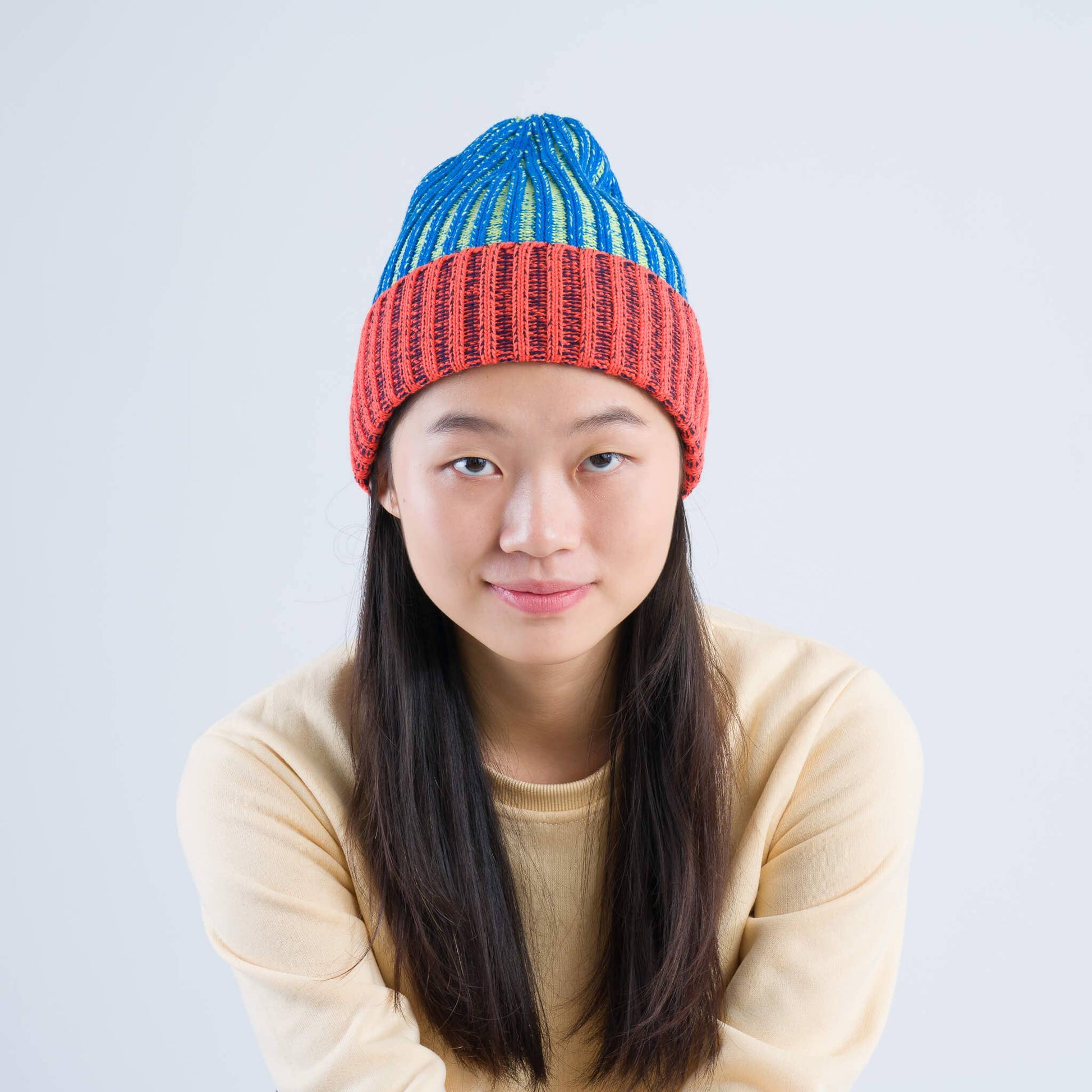 Big Stripe Beanie: Lime Cobalt - PMA Store at the Portland Museum of Art, Maine