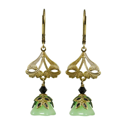 NoMonet - Fairyland: Love Light Classic Hand Painted Floral Earrings: Gold Jade And Black - PMA Store at the Portland Museum of Art, Maine
