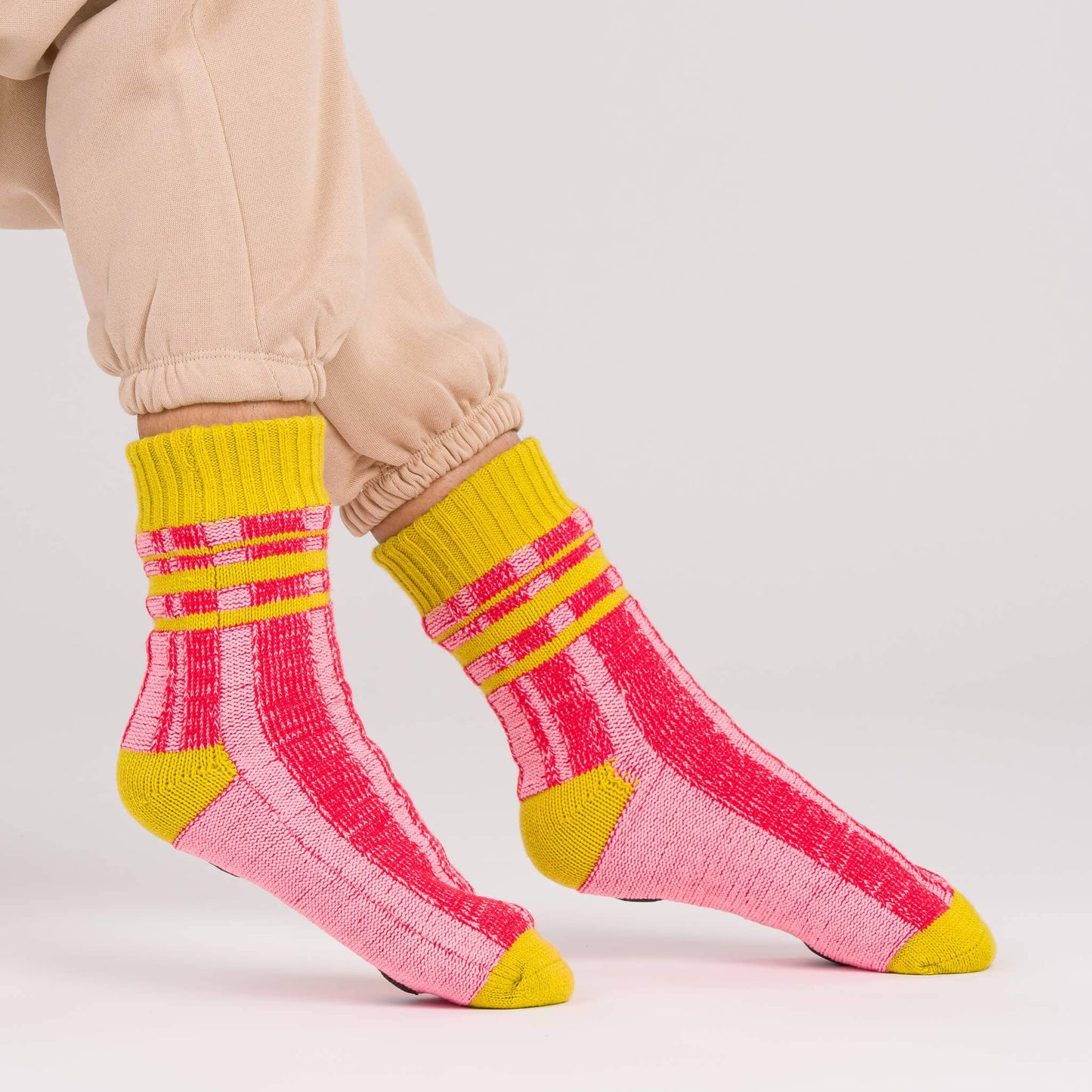 Plaid Stripe House Socks: Pink Red / S/M - W 6-9<br>M 5-7.5 - PMA Store at the Portland Museum of Art, Maine