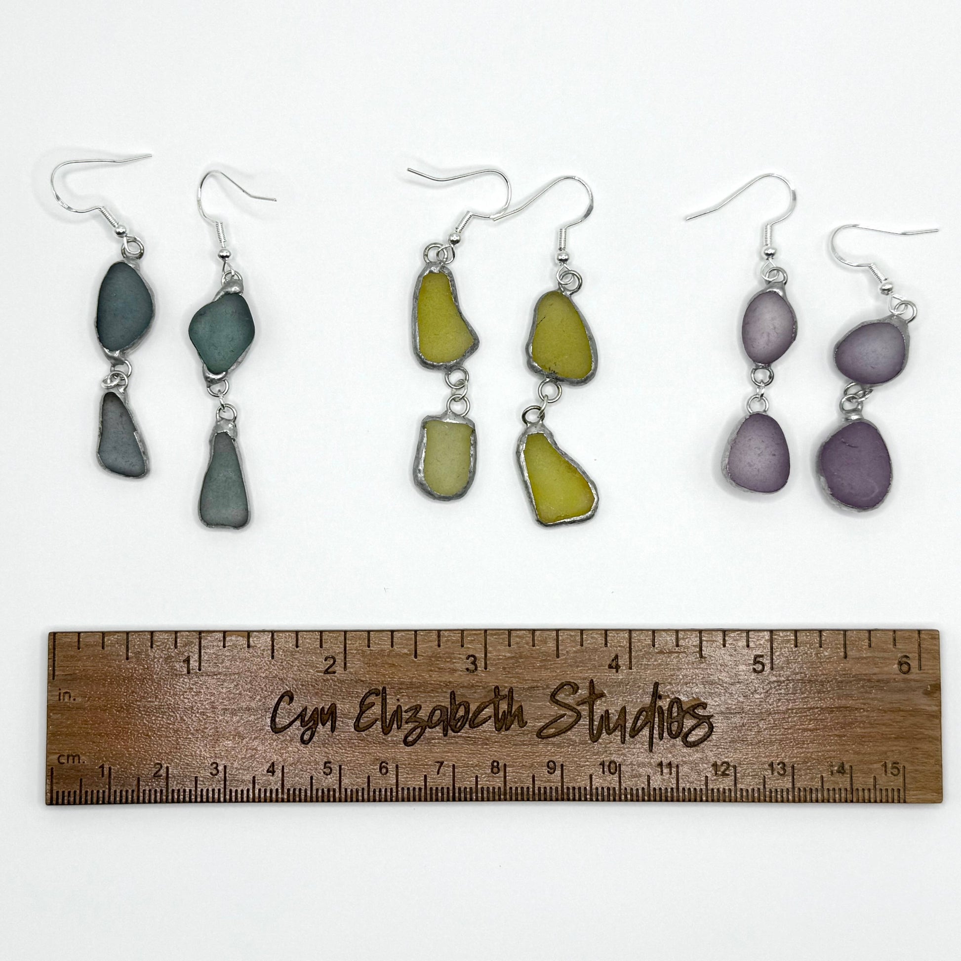 Cyn Elizabeth Studios - Drift Duo Sea Glass Earrings: Carded on white cardstock - PMA Store at the Portland Museum of Art, Maine