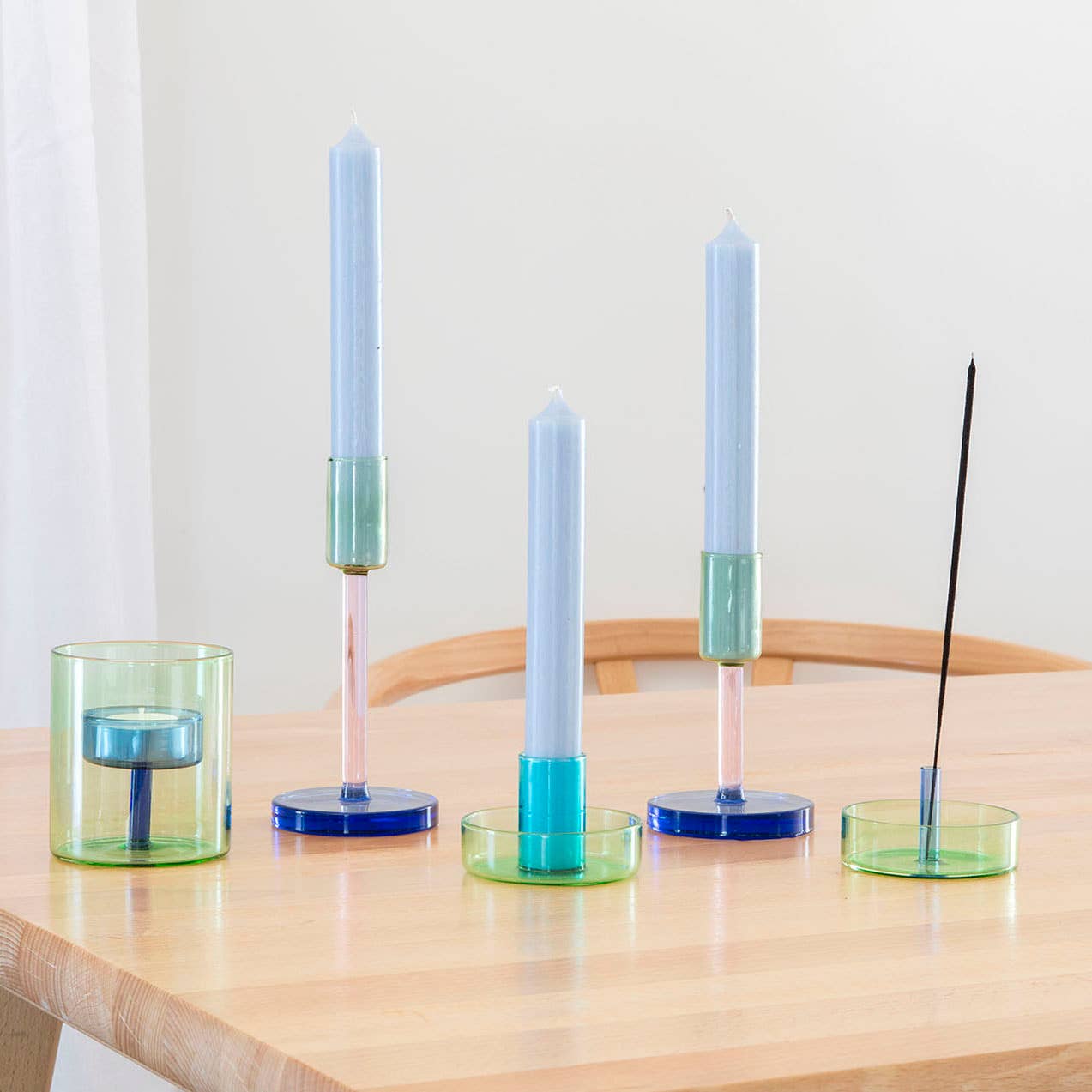 Block Design - Glass Candlestick - Medium: Green and Pink - PMA Store at the Portland Museum of Art, Maine
