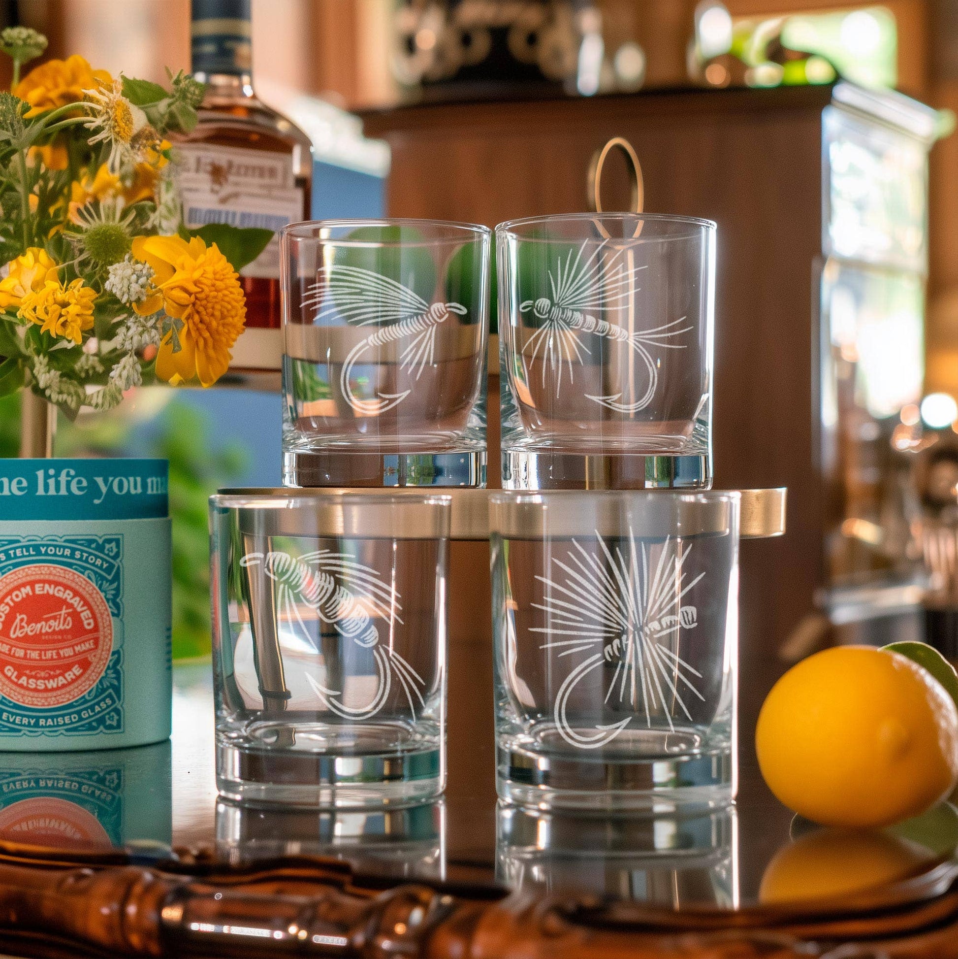 Benoit's Design Co. - Fly Fishing Flies Drinking Glasses (Set of 4): Set of 4 / Pint ~16 oz - PMA Store at the Portland Museum of Art, Maine