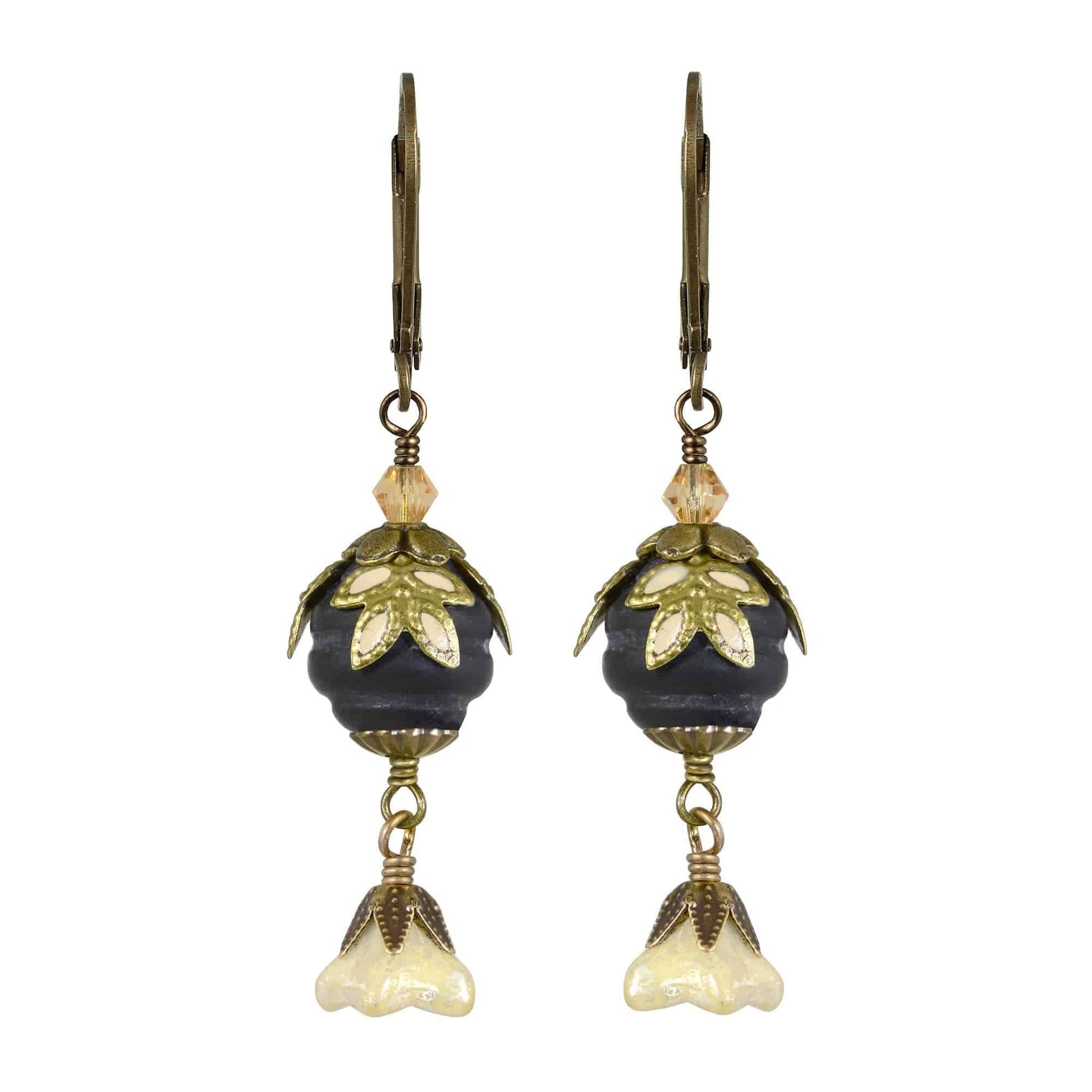 NoMonet - Fairyland: Pearl & Flower Crystal Hand-Painted Drop Earrings: Gold And Black - PMA Store at the Portland Museum of Art, Maine