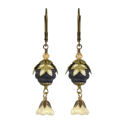 NoMonet - Fairyland: Pearl & Flower Crystal Hand-Painted Drop Earrings: Gold And Black - PMA Store at the Portland Museum of Art, Maine